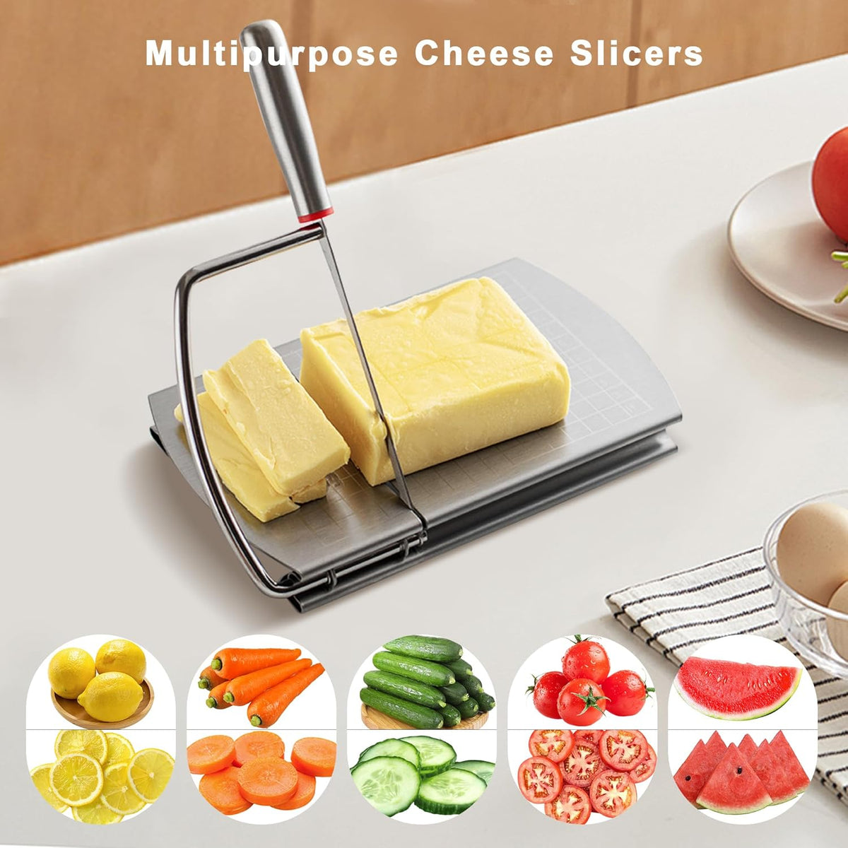 Cheese Slicer, Multipurpose Cheese Cutter Stainless Steel Cheese Slicers for Block Cheese, Butter, Sausages, Fruits Kitchen Gadget Cheese Cutting Board