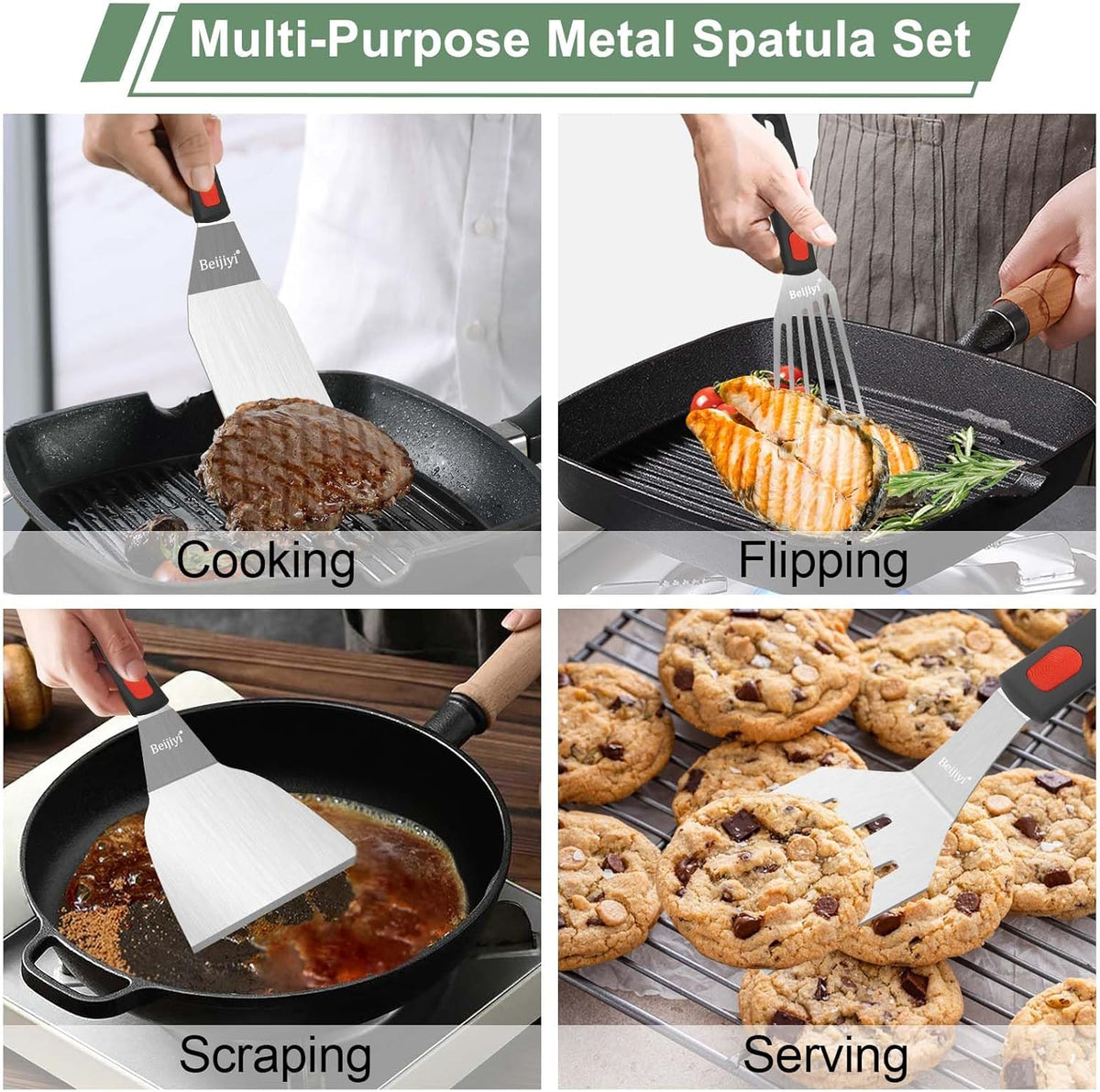 Beijiyi Stainless Steel Spatula Set, 4 Pack Small Metal Turner Spatulas for Kitchen Use, Cooking Utensils with Silicone Handle, Flipper Spatula for Fish, Egg, Smash Burger and Cookie Serving