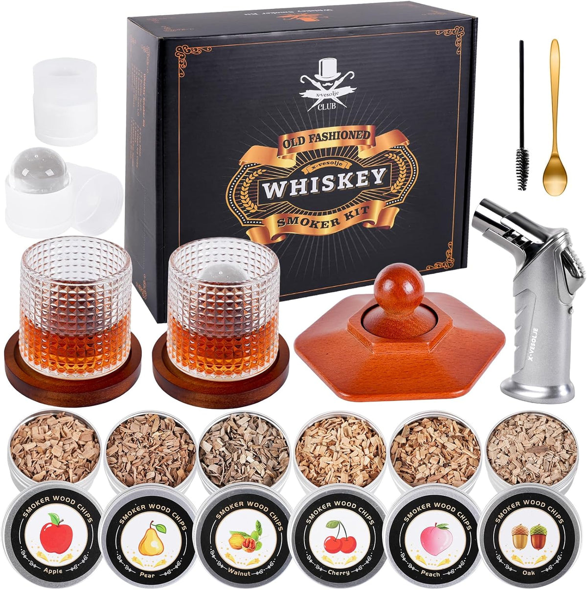 Whiskey Smoker Kit with Torch - 6 Flavors Wood Chips, 2 Rotatable Whiskey Glasses, 2 Ice Ball Molds - Cocktail Smoker Infuser Kit, Old Fashioned Smoker Kit, Birthday Gifts for Men, Dad(NO Butane)