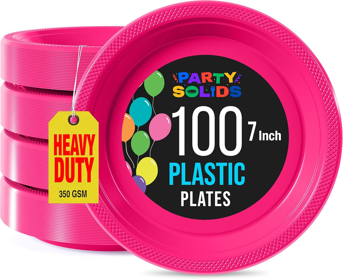 Exquisite Party Solids Hot Pink Plastic Plates For Party 7" Hot Pink Disposable Plates Heavy Duty Supplies 100 Pcs Plastic Dinnerware Sets Heavy Duty 350 GSM Disposable Dinnerware Set