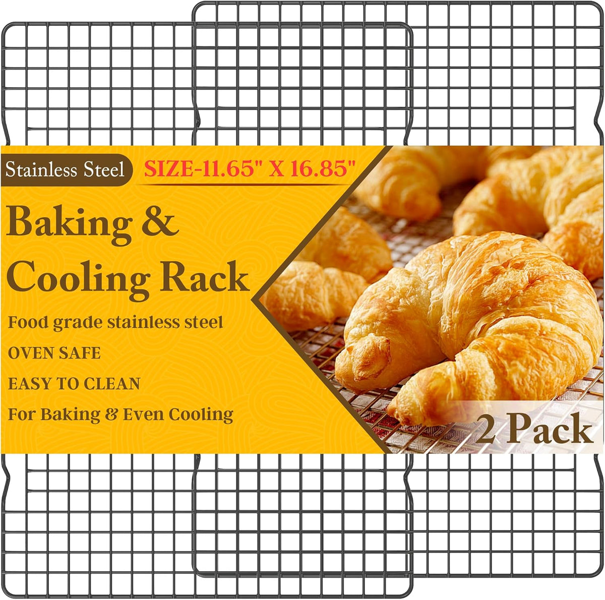 2PCS Cooling Racks for Cooking and Baking -11.65''x16.85''Heavy Duty Stainless Steel Wire Rack for Baking, Grilling, Roasting - Oven & Dishwasher Safe - Fits Half Sheet Pan（Black）