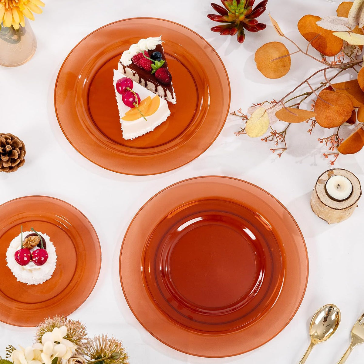 I00000 200 Pcs Clear Brown Plastic Plates - Elegant Disposable Plastic Party Plates Include 100 Dinner Plate 10’’ and 100 Dessert Plate 7’’ Perfect for Birthday, Party & Wedding