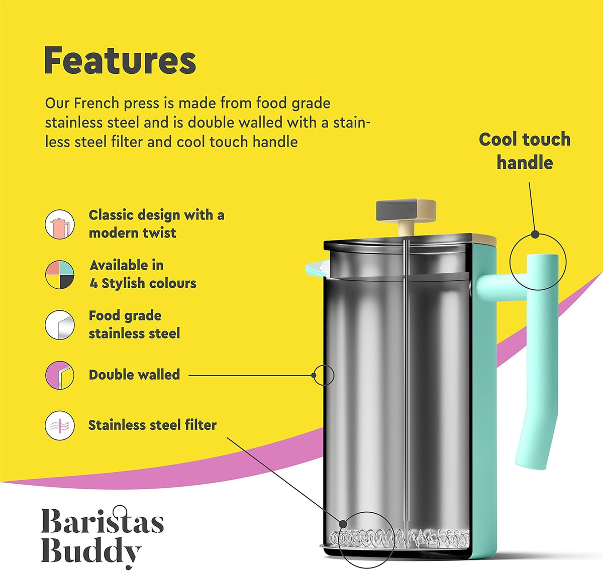 French Press Coffee Maker - Insulated, Stainless Steel Manual Coffee Makers For Home, Office Or Camping - Large 34oz Capacity For 4 Cups