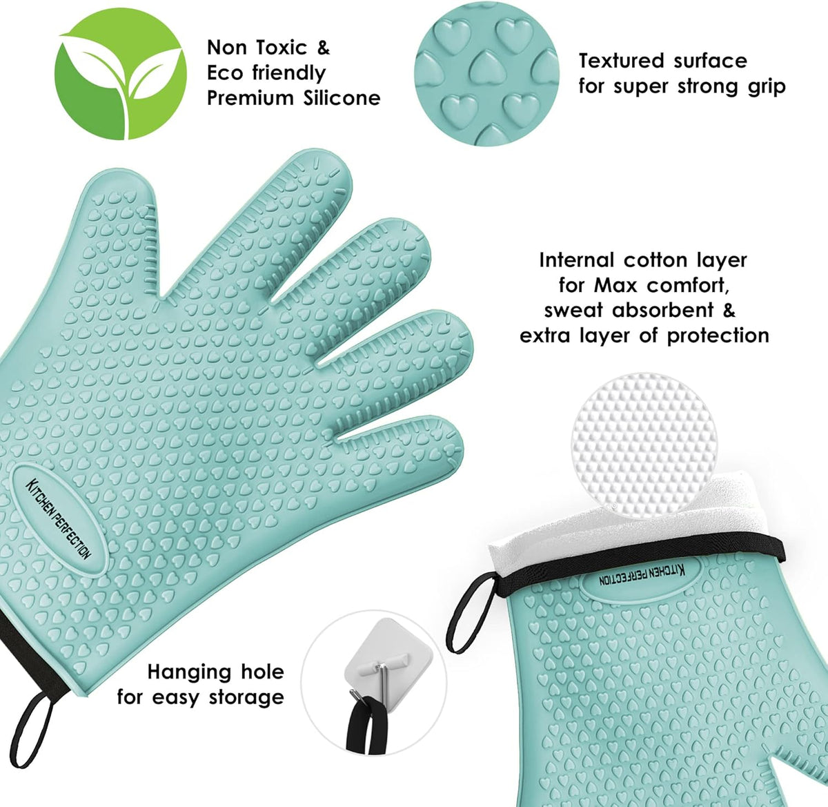 KITCHEN PERFECTION S Silicone Smoker Oven Gloves -Extreme Heat Resistant BBQ Gloves -Handle Hot Food Right on Your Grill Fryer Pit|Waterproof Oven Mitts |Superior Value Set+3 Bonuses