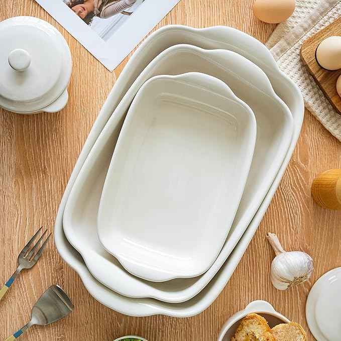 3-Pack Ceramic Baking Dishes Set,Heavy-Duty Oven-Safe Stoneware,Deep Rectangular Casserole Pans for Lasagna & Baking,High Heat Resistant,Handcrafted Glazed Finish (13.8''/12''/9.6'' Pure Off-White)