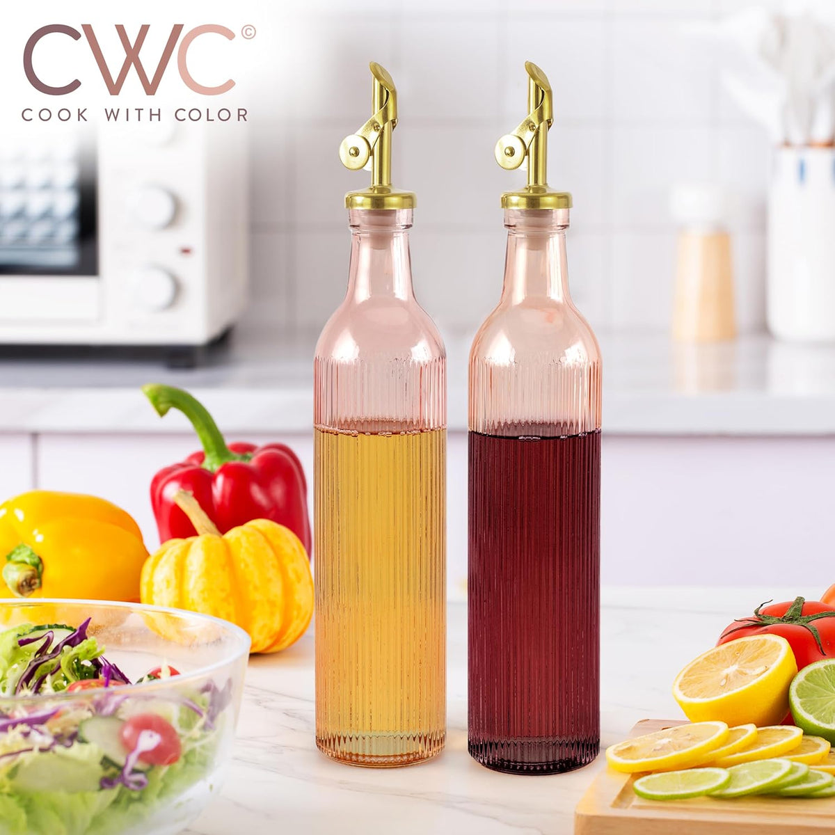 COOK WITH COLOR Glass Olive Oil Dispenser Bottle - 2 Pack, 17 oz Cruet - Elegant Carafe Decanter with Spout for Kitchen, Suitable for Vinegar, Coffee Syrups & Other Liquids