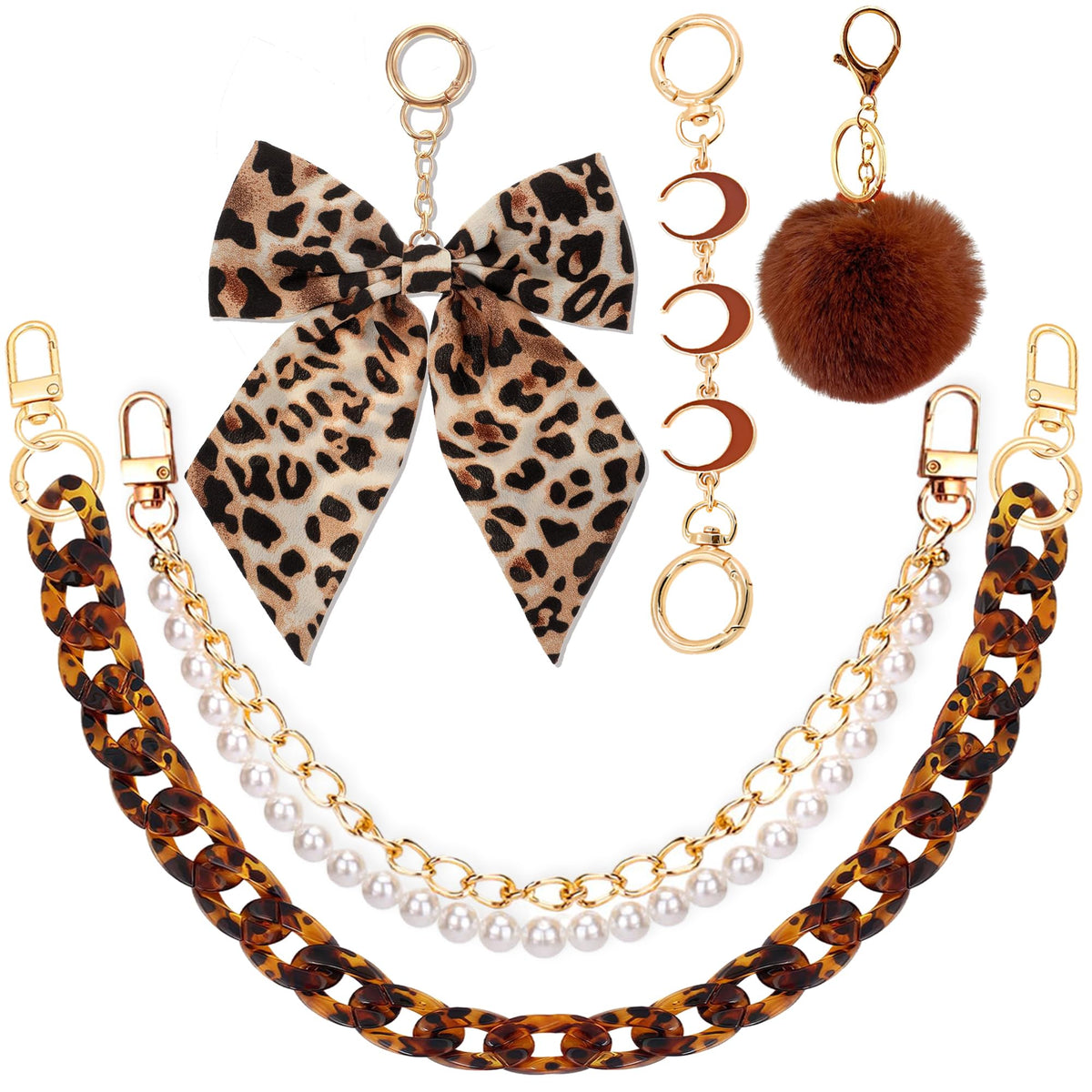 1-3 PCS Metal Handbag Chain Straps, Pearl & Heart Purse Strap Replacement, Decorative Bag Extension Chain for Tote & Shoulder Bags, Gift for Women (5PCS Leopard Print Bow & Pom-pom Set)