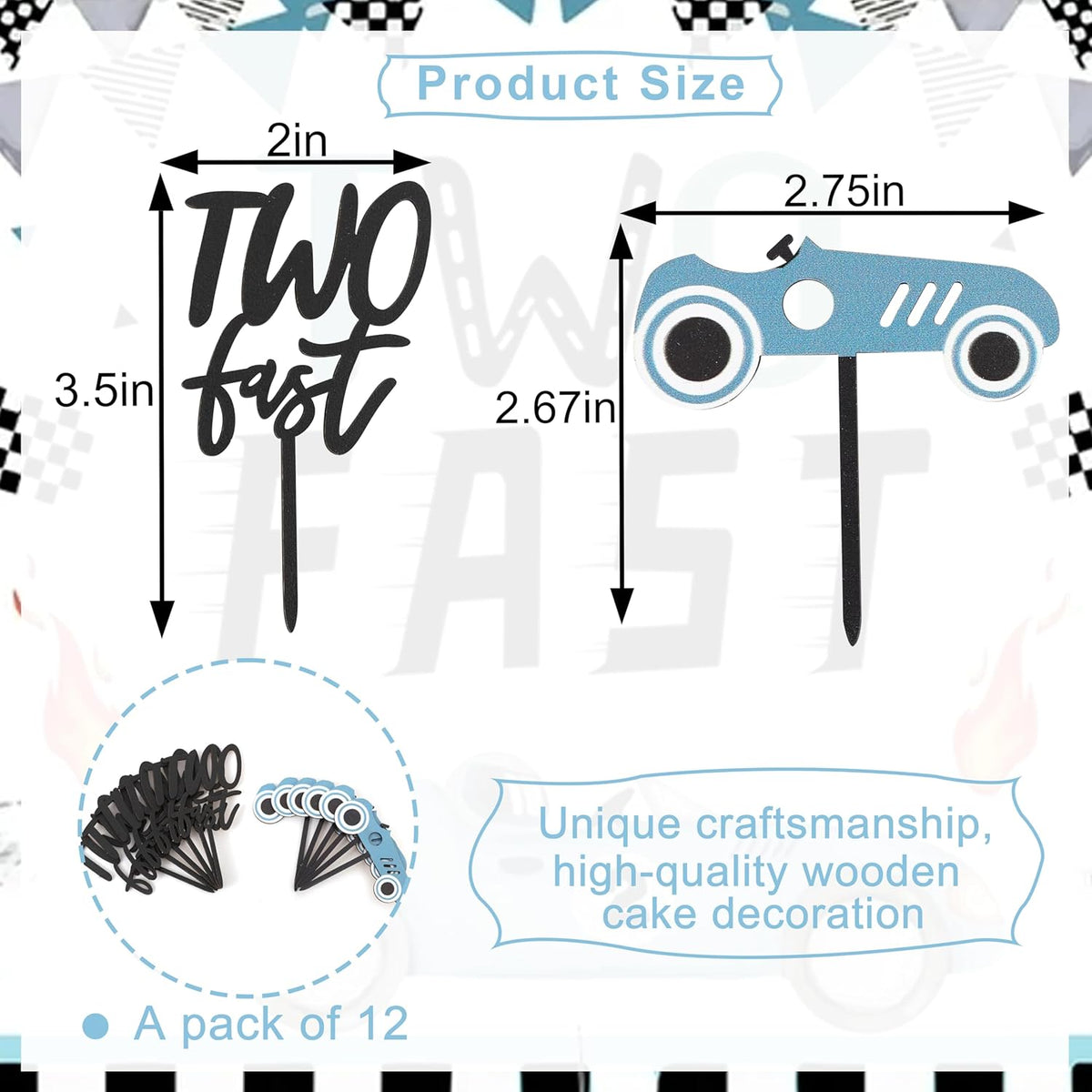 Wooden Two Fast Birthday Cupcake Toppers - Two Fast Decorations,Race Car Party Cake Toppers,Racing Car Birthday Topper (two fast cake topper)