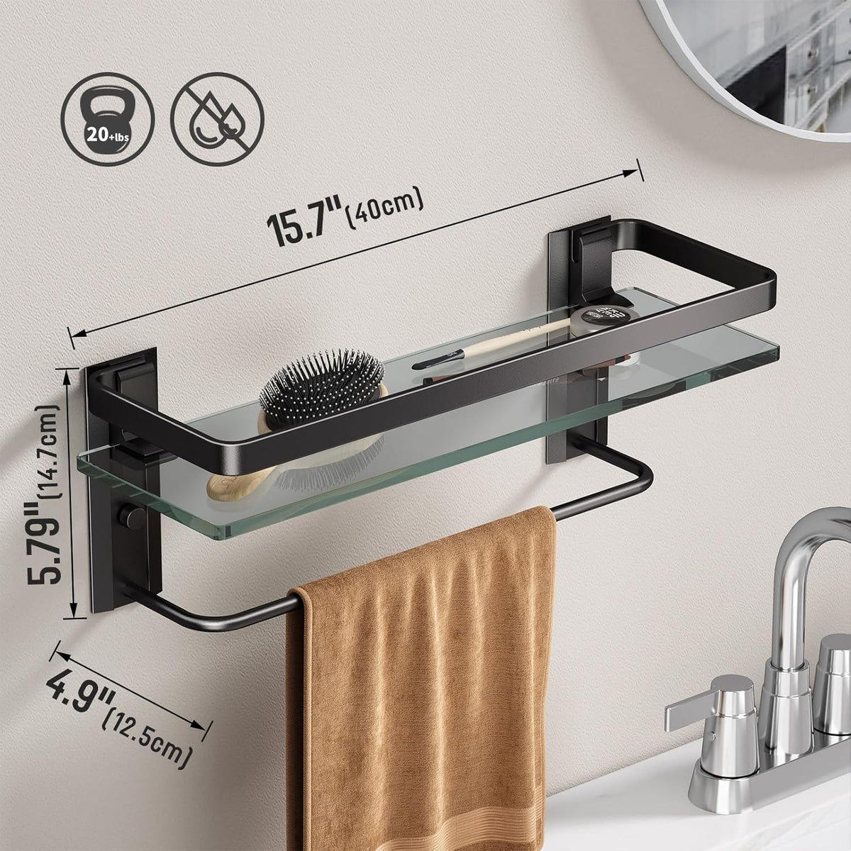 Danpoo Bathroom Wall Shelf with Towel Bar, Clear Tempered Glass, Hand Towel Holder (Matte Black)