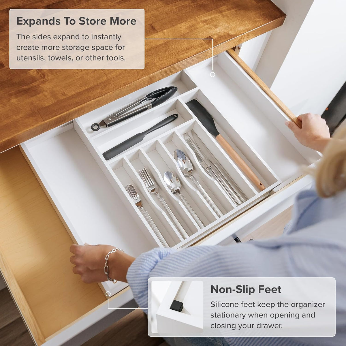 KitchenEdge Premium Silverware, Flatware and Utensil Organizer for Kitchen Drawers, Food-Safe Contract Grade, Expandable from 14.5 to 25 In, White Bamboo