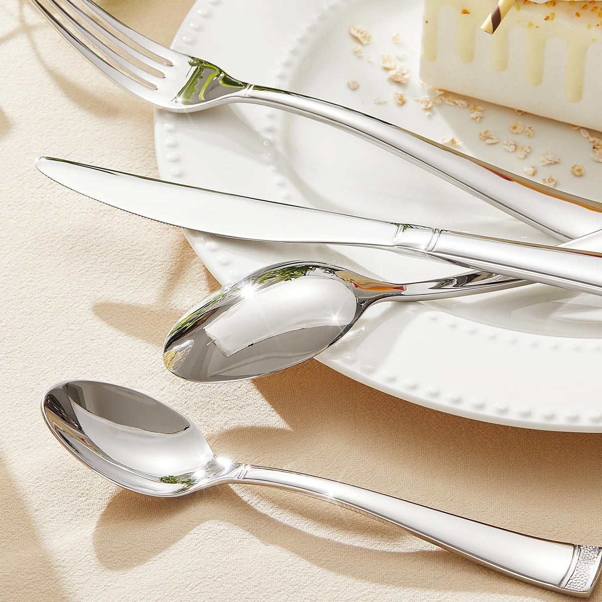KINGSTONE Silverware Set, 60-Piece Flatware Set for 12, 18/10 Stainless Steel Cutlery Set with Bead Edge, Utensil for Kitchen, Home, Party, Wedding, Mirror Polished, Dishwasher Safe, Featured Gifts