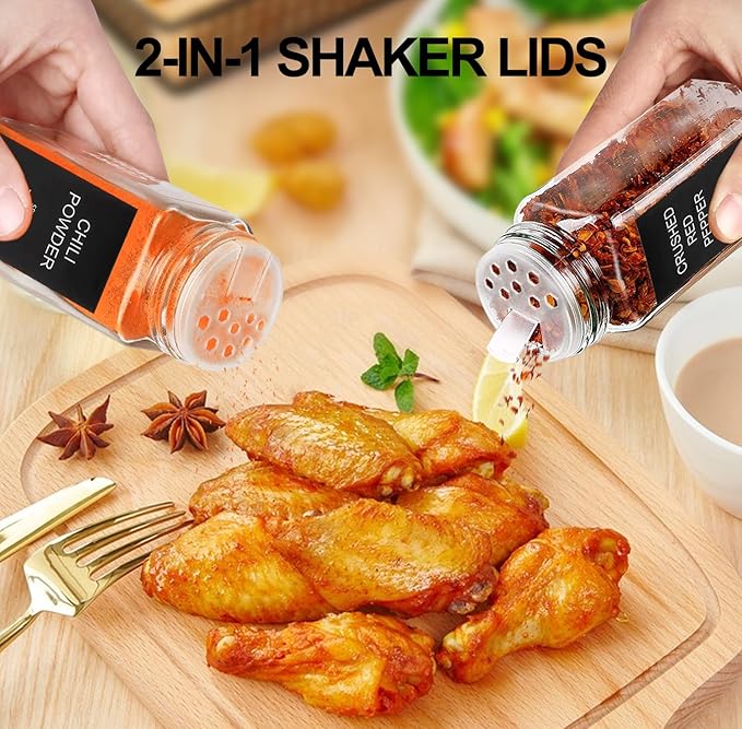 AISIPRIN 24 Pcs Glass Spice Jars with 398 Labels, 4oz Empty Square Spice Containers Seasoning Bottles - Shaker Lids, Funnel, Brush and Marker Included(Black Metal Caps)