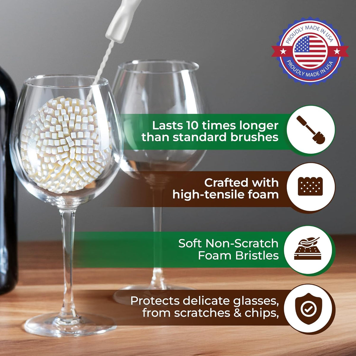 Tupkee Wine Glass Cleaning Brush – Soft Non-Scratch Foam Bristles – Goblet & Stemware Wine Glass Cleaner Brush for Glassware, Crystal, Bottle, & Mugs – Fits Tupkee 20oz Glass Tumbler – Made in the USA