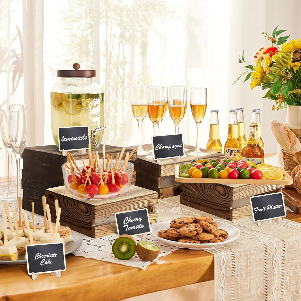 4 Pcs Buffet Risers with Mini Signs, Rustic Wood Cake Stands, Food Risers for Buffet Table, Dessert Display Stand, Wood Crates, Rustic Cake Stand for Party, Wedding, Birthday, Baby Shower, 4 Sizes