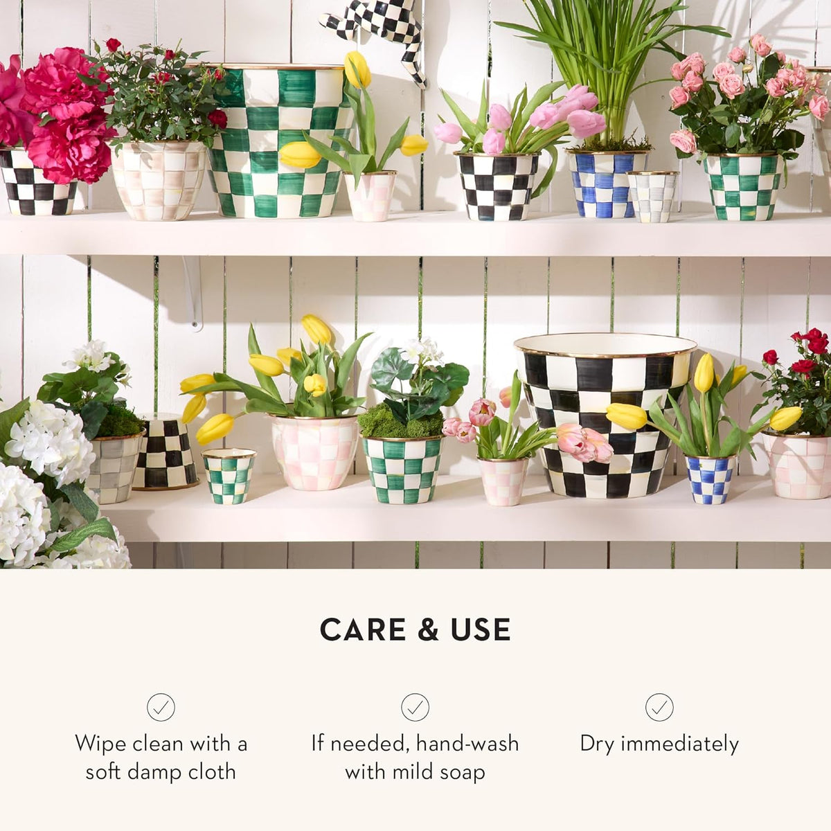 MACKENZIE-CHILDS Enamel Herb Pots, Small Plant Pots for Herbs or Flowers, Set of 3, Green-and-White Emerald Check