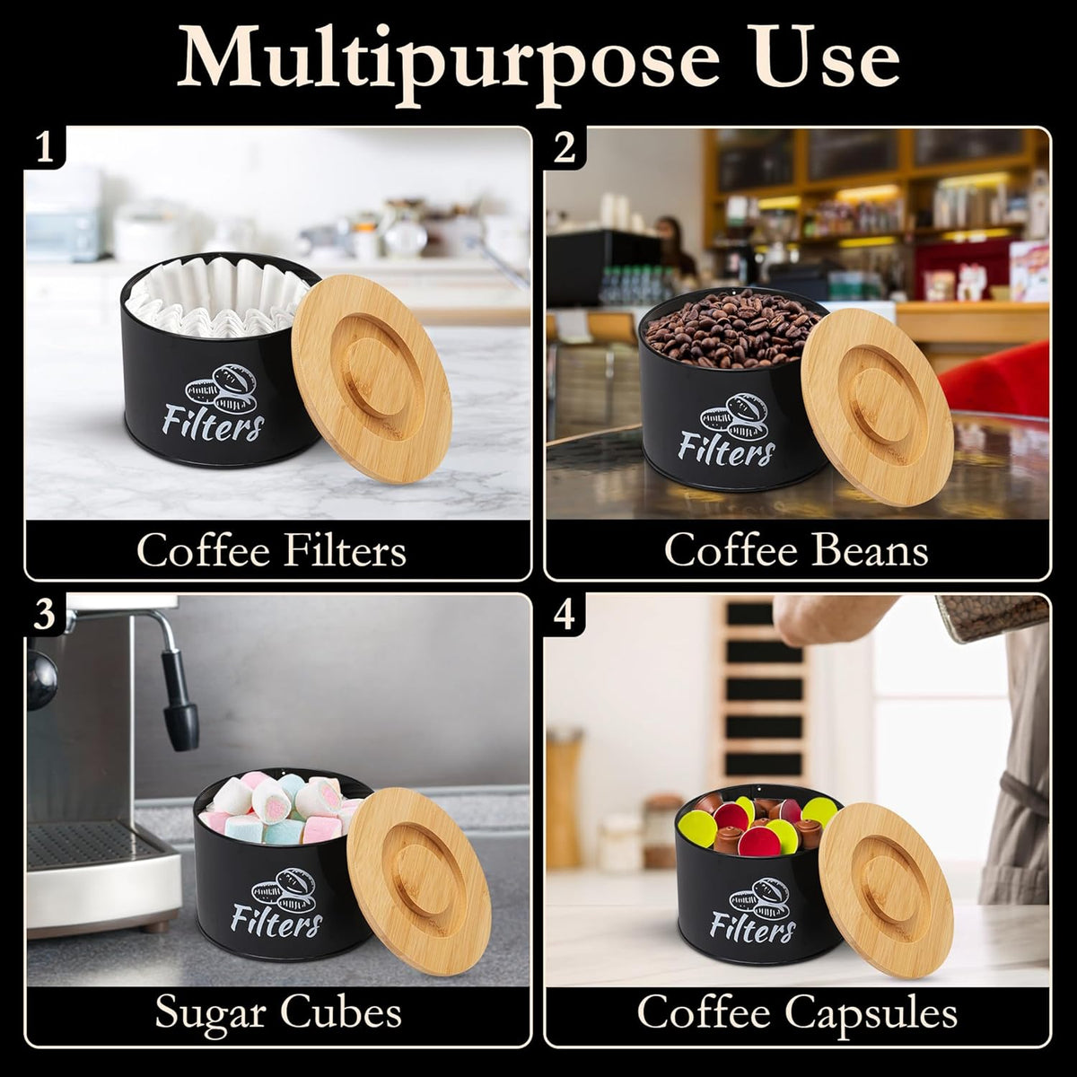 Coffee Filter Holder with Bamboo Lid – Filter Storage Organizer for Cone & Round Filters – Rustic Coffee Bar Container for Counter, Kitchen or Cafe Decor (Black).