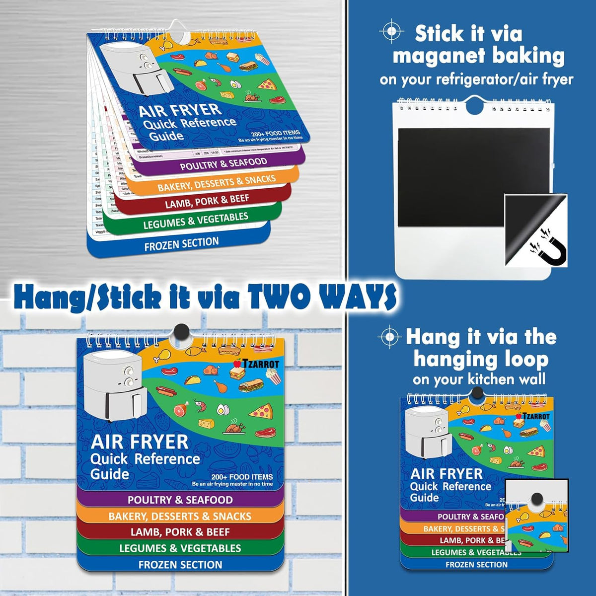 TZARROT Air Fryer Magnetic Cheat Sheet Set, Over 200 Foods Air Fryer Cooking Guide Flip Chart Magnetic, Air Fryer Accessories Cooking Time Charts and Recipe Booklet
