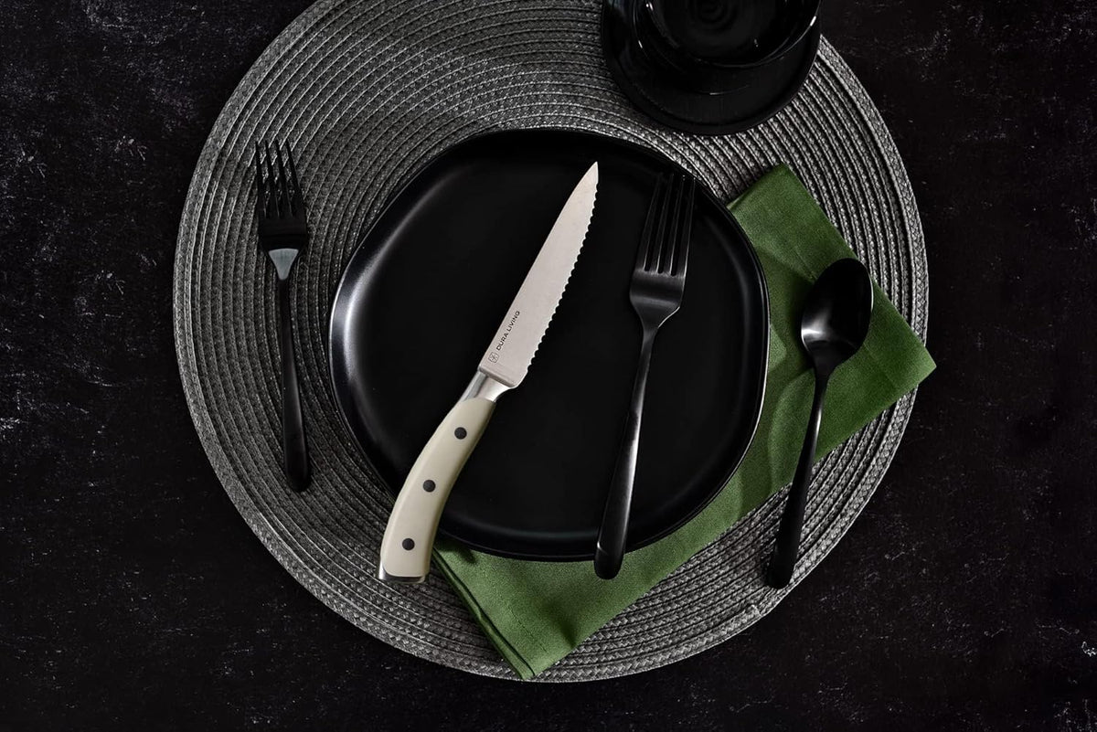 8-Piece Serrated Kitchen Steak Knife Set – Forged High Carbon Stainless Steel, Ultra Sharp, Ergonomic Black Handles, Durable Dinner Knives, Cream Handle
