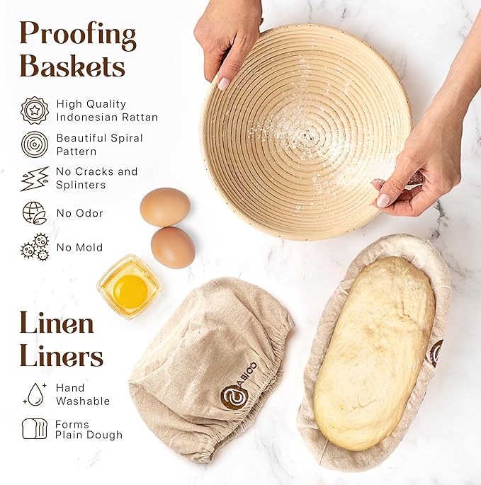 Sourdough Kit with Professional Bread Making Tools - Complete Sourdough Bread Making Kit with 10" Round & 11" Oval Handcrafted Bannetons, Bread Lame, Danish Whisk, Bowl & Dough Scrapers (14-Piece Kit)