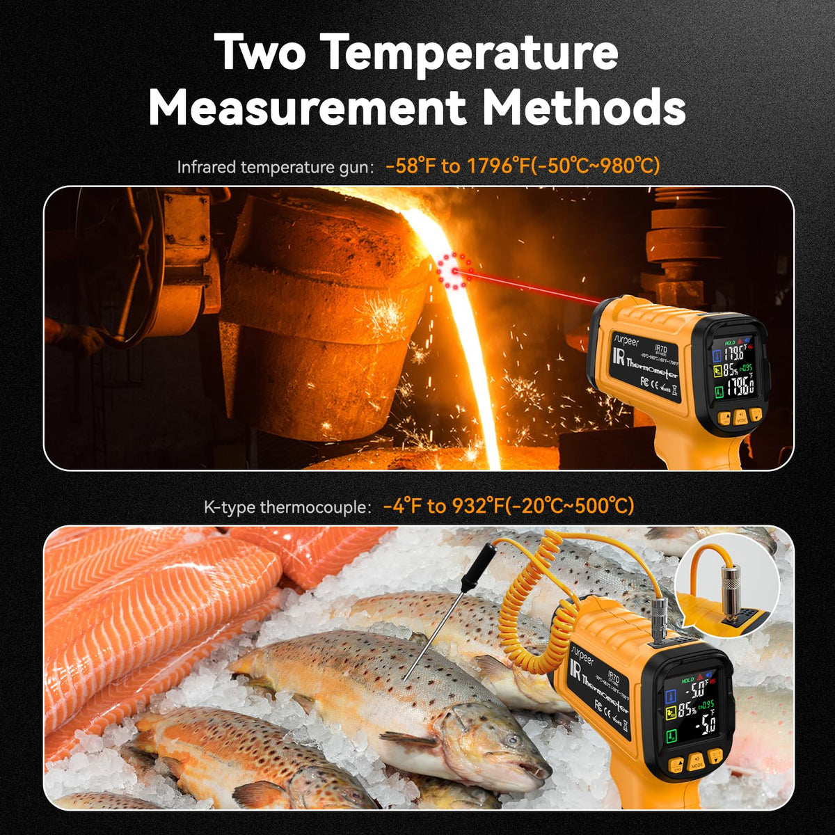 50:1 Infrared Thermometer IR Laser Gun, -58°F to 1796°F, Digital Temperature Gun/K-Type Probe -4°F to 932°F & Humidity Sensor for Cooking, Pizza Oven BBQ HVAC Home-Industrial Use