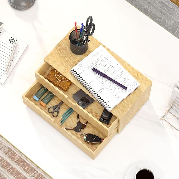 Wisuce Desk Organizer with Drawers - Bamboo Desktop Organizer Storage | White-Natural Wood Desk Drawers Organizer for Bills, Office Supplies, Cosmetics, Seals No Assembly Required(2 drawers edge-free)