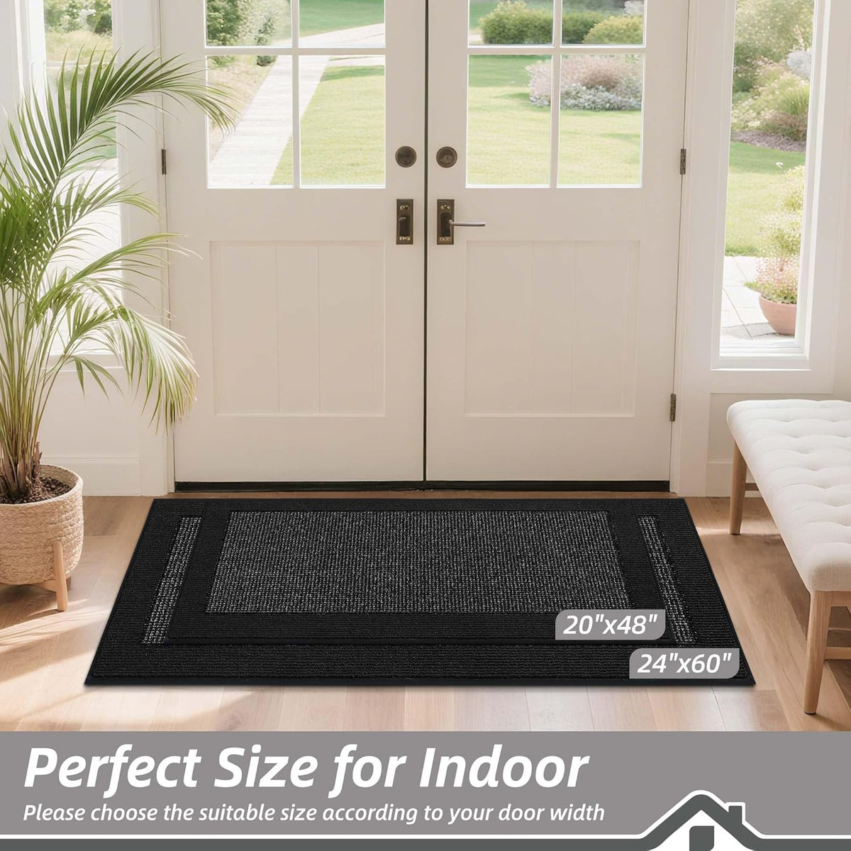BEQHAUSE Indoor Door Mat 24" x 60", Dirt Trapper Door Mats Non-Slip Entryway Rugs Washable, Resist Dirt Absorbent Welcome Mat, Low Profile Floor Mats for Front Back Door and Entryway, Black