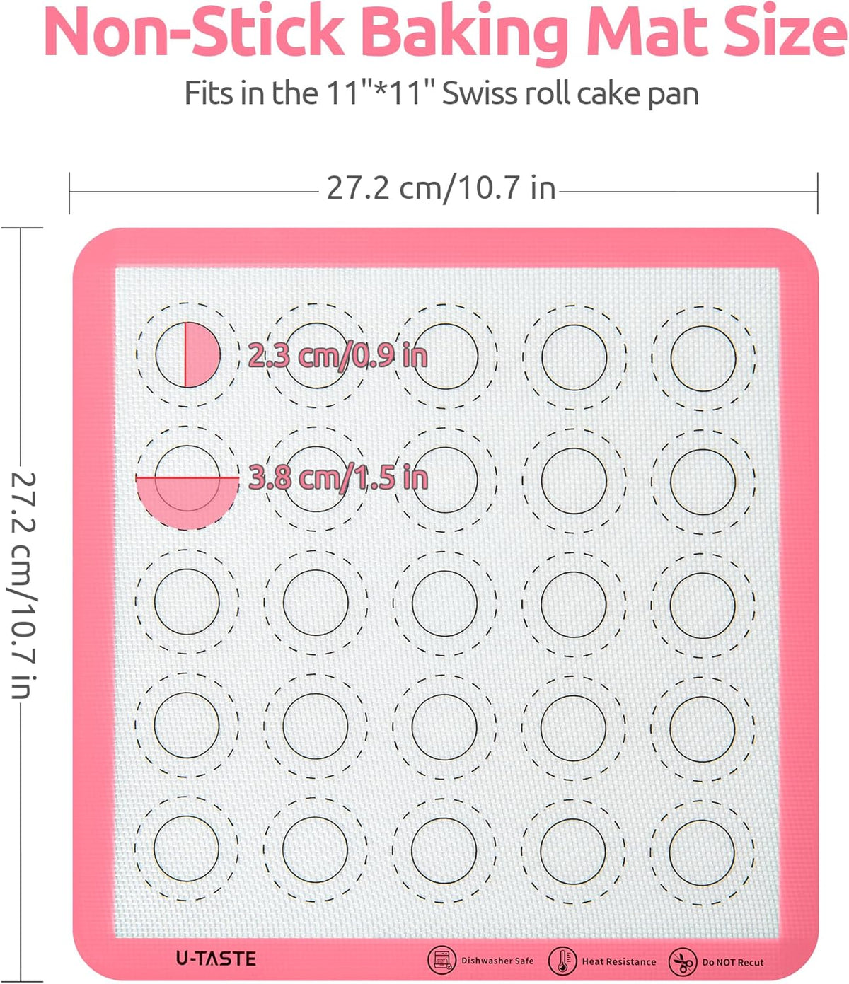 446ºF Heat Resistant Macaron Mat: U-Taste 11x11in Non Stick Silicone Baking Mat, Reusable Cookies Pastry Sheet Liner with Edge Enhancement & Circle Measurement for Square Cake Pan (2 PCS, Pink)