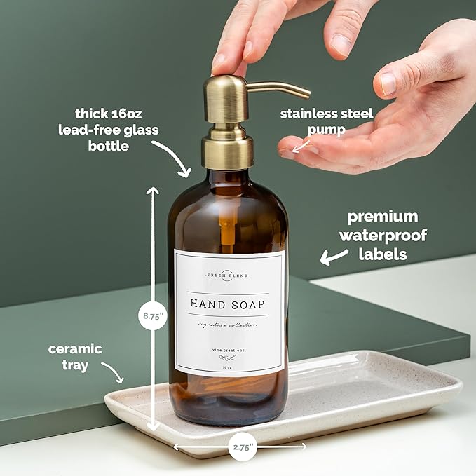 Vine Creations Amber Glass Soap Dispenser, 2 Pack Kitchen Soap Dispenser Set with Ceramic Tray, Stainless Steel Pump, Dish Soap and Hand Soap Dispensers for Bathroom Decor with Waterproof Labels