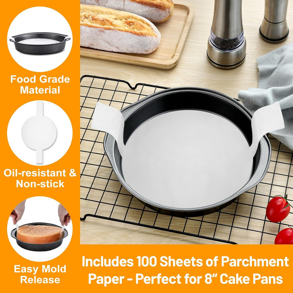 8 Inch Cake Pan - 3PCS Carbon Steel Round Cake Pans with 100 Pieces Parchment Paper, Non-stick & Easy Demolding, Non-toxic & Healthy