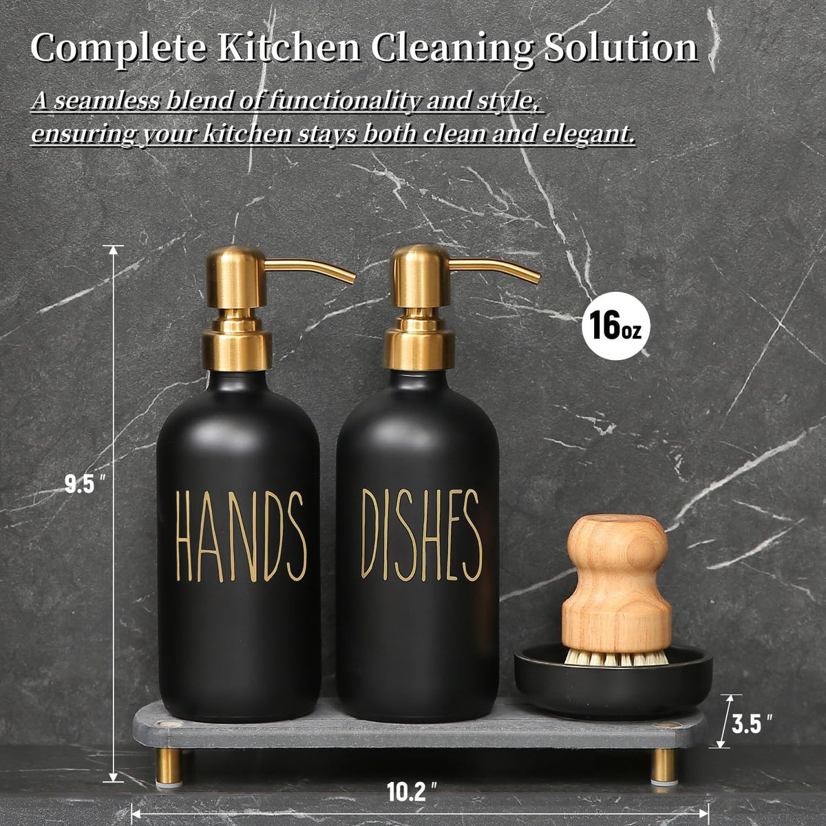 MOMEEMO Soap Dispenser Set Comes with Stainless Pumps, Instant Dry Tray, and Dish Scrub Brush, Suitable for Black and Gold Kitchen Decor. (Black & Gold)
