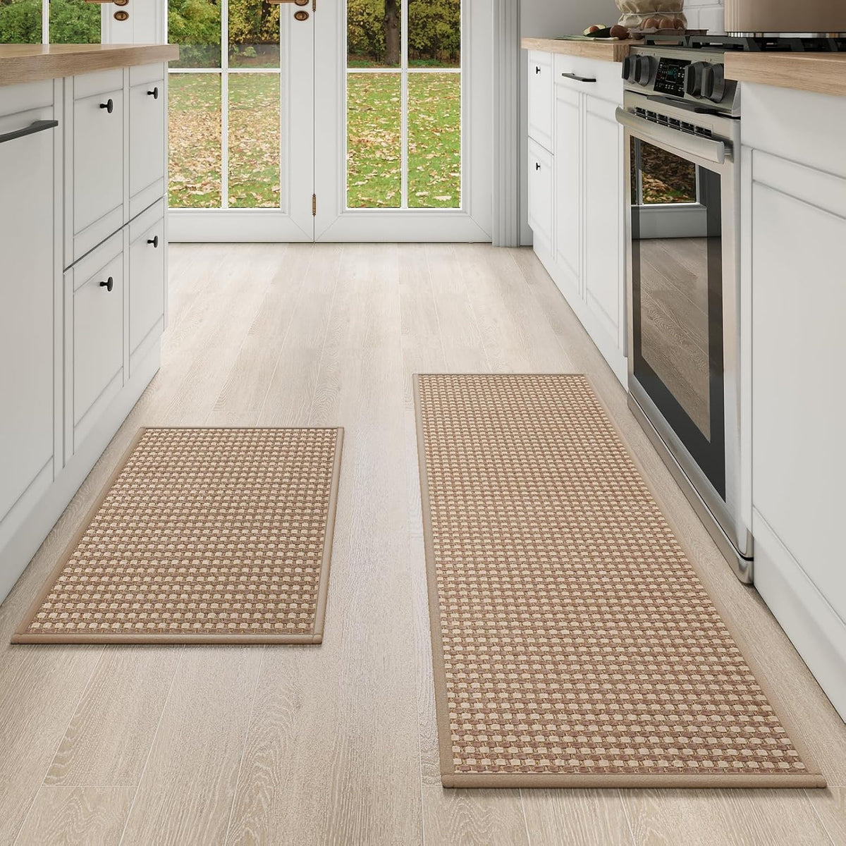 Kitchen Mat Kitchen Rugs Sets of 2 PCS Non Slip Washable, Super Absorbent Soft Braided Kitchen Mats for Floor, Rubber Backing Comfort Standing Kitchen Sink Mat Runner Rug, Brown 17"x28"+17"x47"