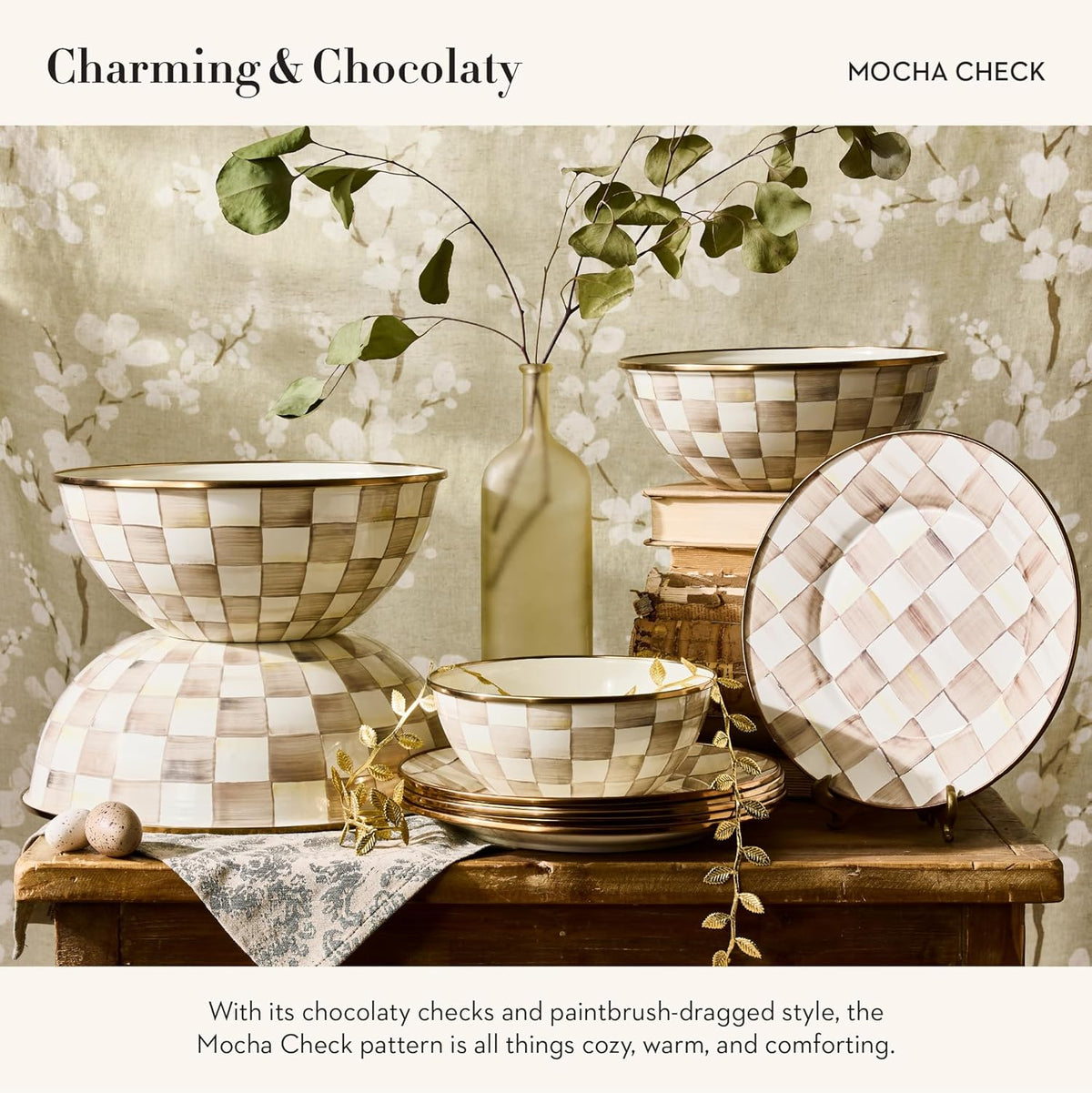 MACKENZIE-CHILDS Enamel Salad Serving Set, Enamel Bowl and Wooden Salad Servers, Decorative Kitchen Set, Brown-and-White Mocha Check