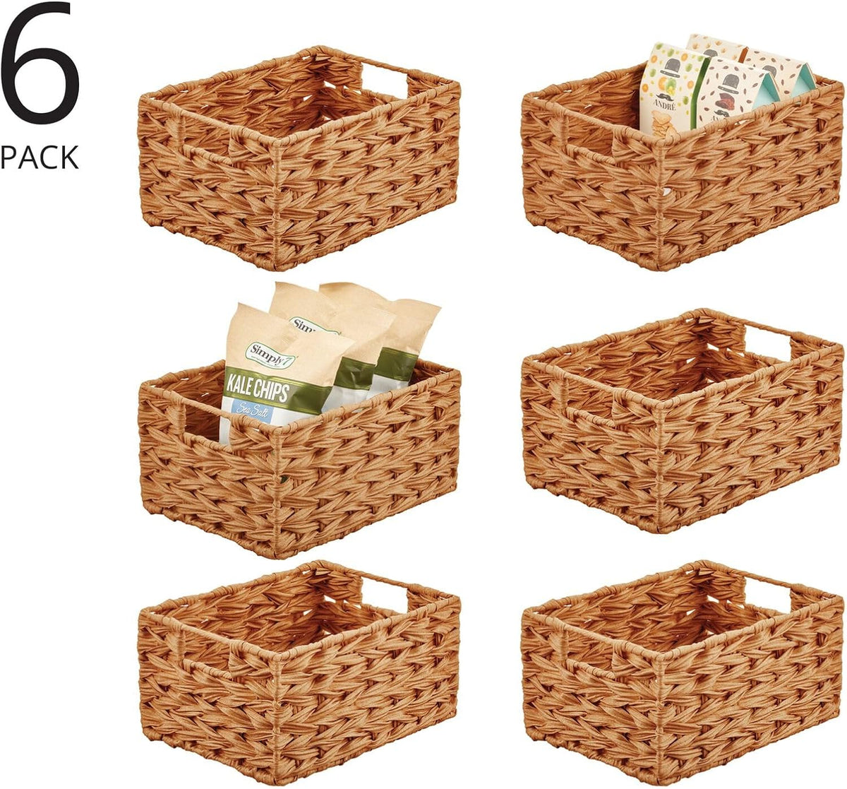 mDesign Woven Farmhouse Kitchen Pantry Food Storage Organizer Basket Bin Box - Container Organization for Cabinets, Cupboards, Shelves, Countertops - Store Potatoes, Onions, Fruit, 6 Pack, Camel Brown