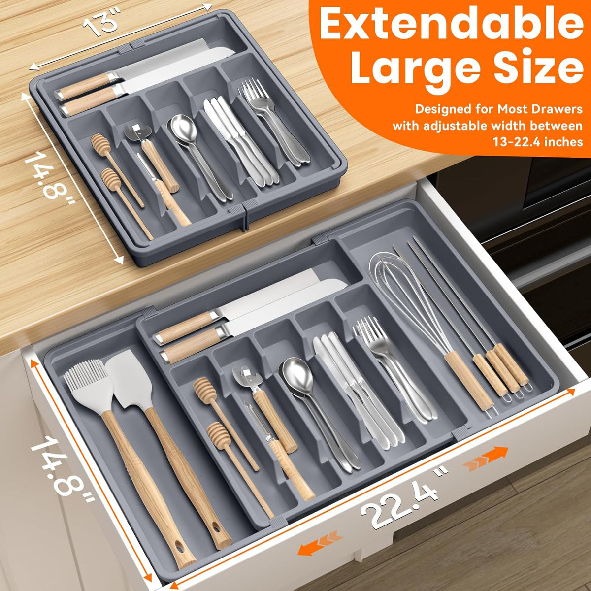 Large Silverware Organizer,Expandable Utensil Drawer Organizer,BPA Free Utensil Holder,Adjustable Silverware Tray Cutlery Drawer Organizer for Kitchen Flatware,Large,Grey,2 Pack
