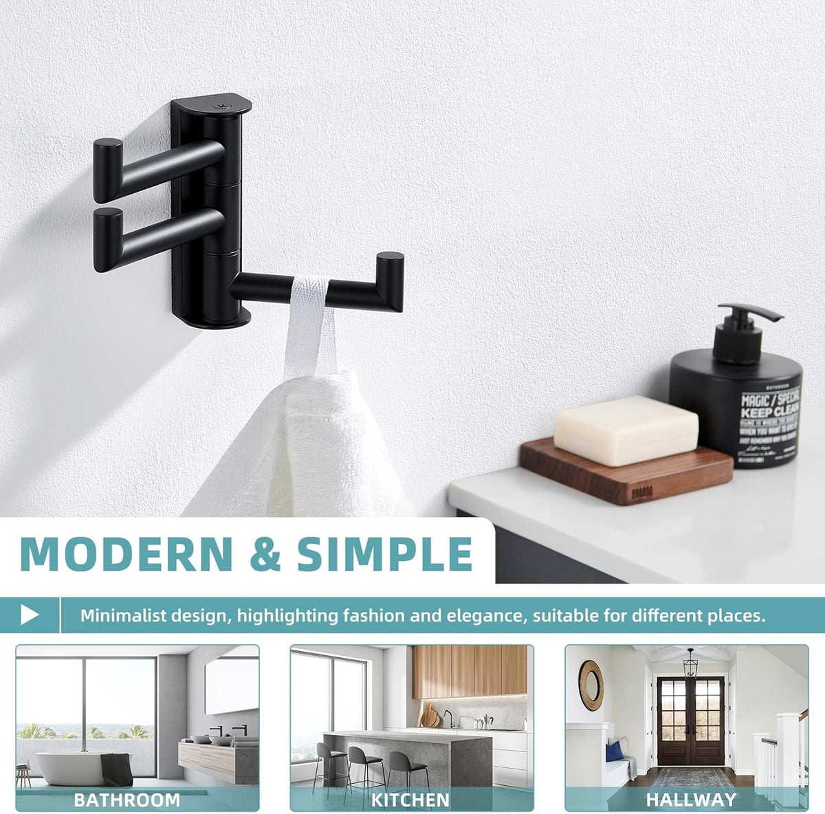 Suyar Swivel Towel Hook 3 Arms, SUS 304 Stainless Steel Coat Robe Holder, Foldable Wall Hook, Matte Black