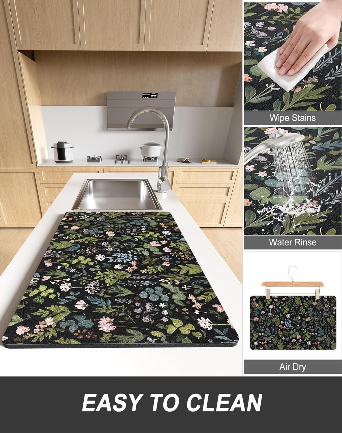 Rnivvi Dish Drying Mat for Kitchen Counter, XL 15 x 24" Cute Flower Theme Super Absorbent Drainer Pad, Non-Slip Heat Resistant Coffee Bar Mat for Coffee Machine Station Accessories,Black Dish Rack Pad