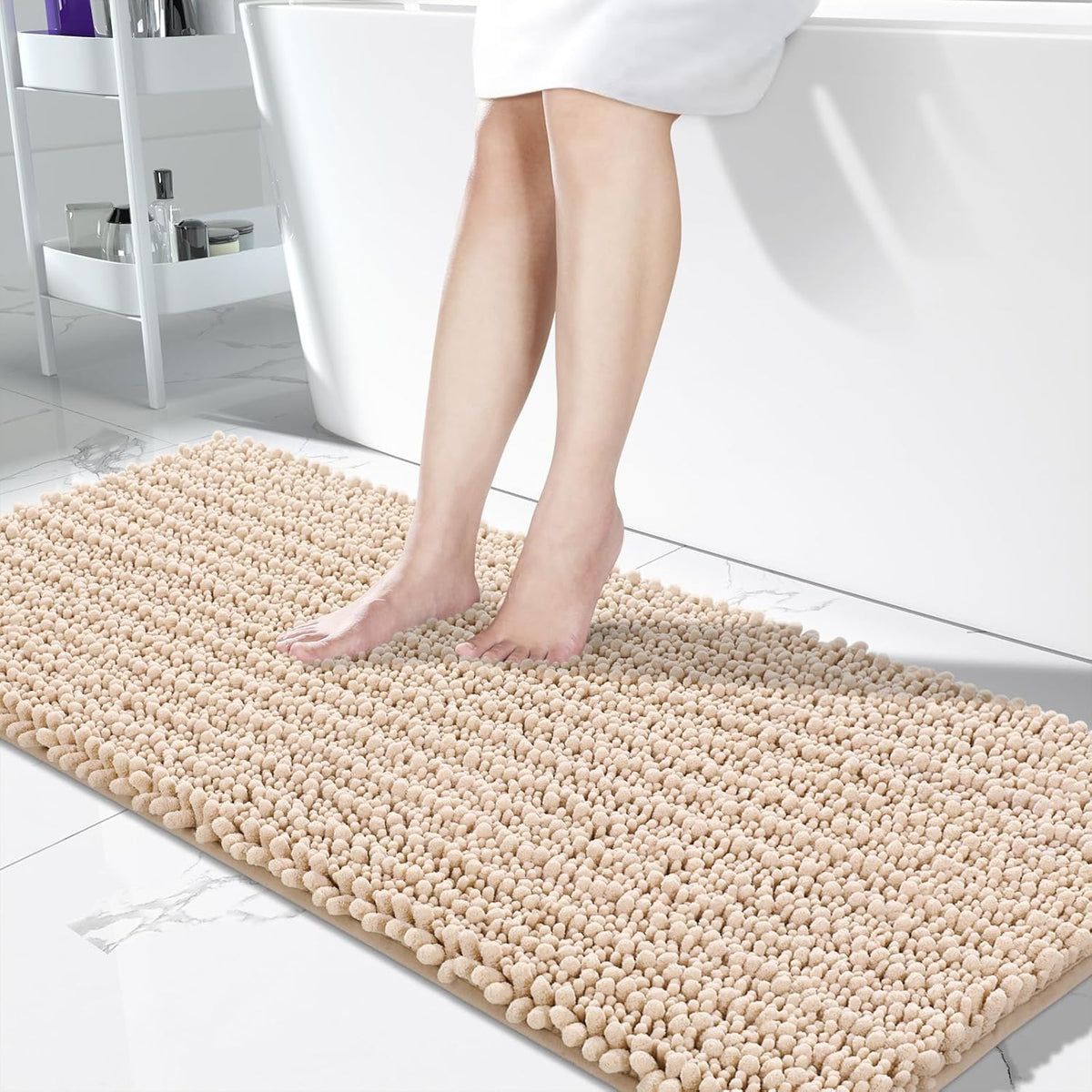 Yimobra Bathroom Runner Rug 60x24 Inch - Extra Long Non Slip Chenille Bath Mat, Soft & Absorbent, Machine Washable Shaggy Hallway Carpet for Vanity Tub Shower, Light Brown Home Decor Accessories