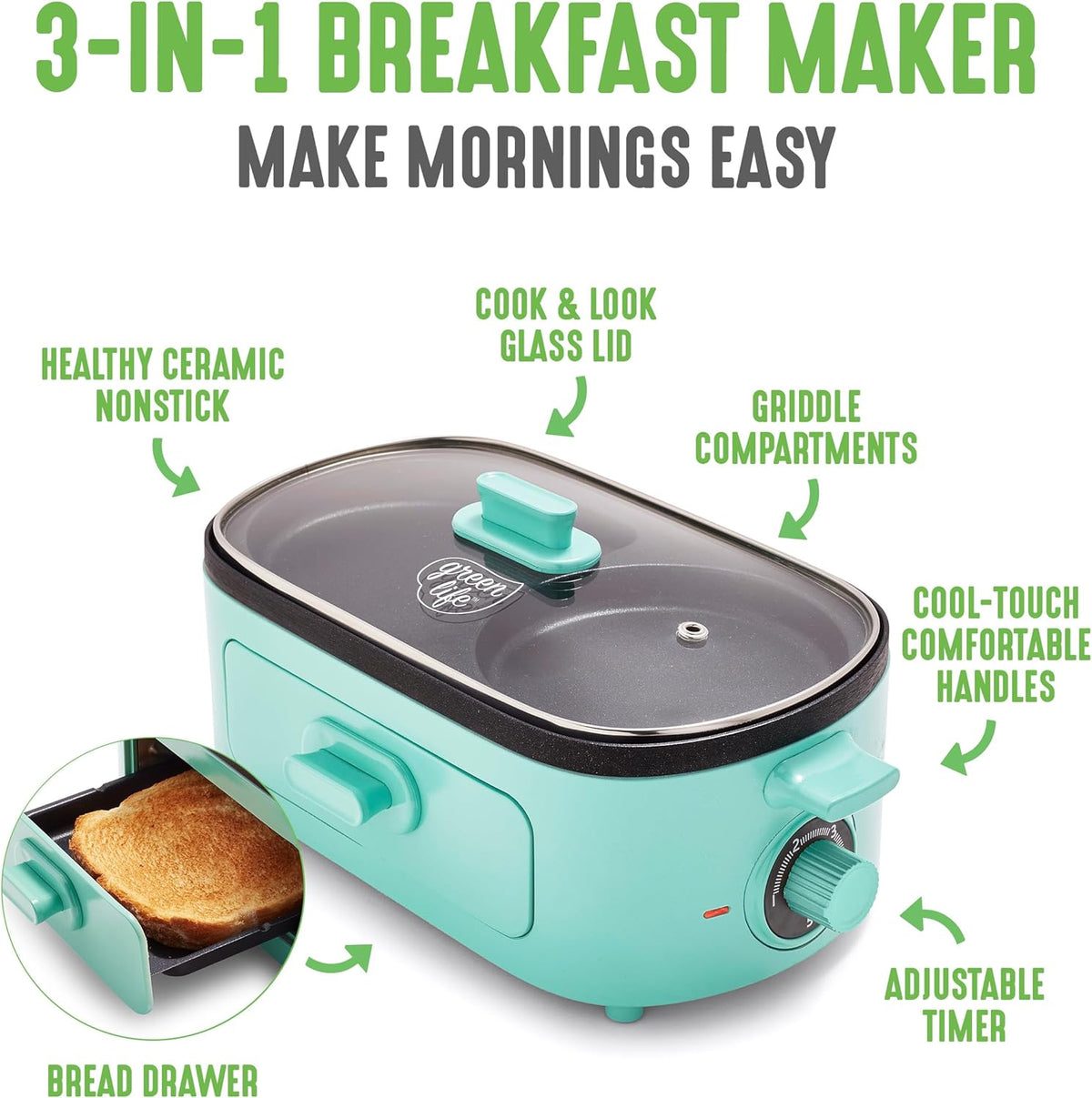 GreenLife 3-in-1 Breakfast Maker Station, Healthy Ceramic Nonstick Dual Griddles for Eggs Meat Sausage Bacon Pancakes and Breakfast Sandwiches, 2 Slice Toast Drawer, Easy-to-use Timer, Turquoise