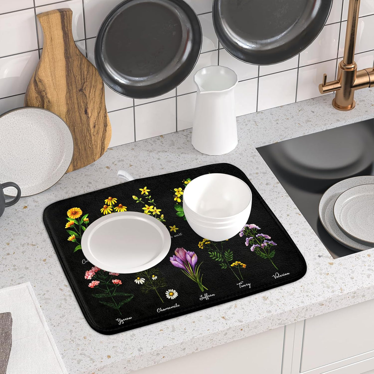 Black Flower Herbs Dish Drying Mat 16x18 Inch Botanical Floral Microfiber Drying Mats with Hanging Loop Foldable Absorbent Dish Drainer Rack Pad