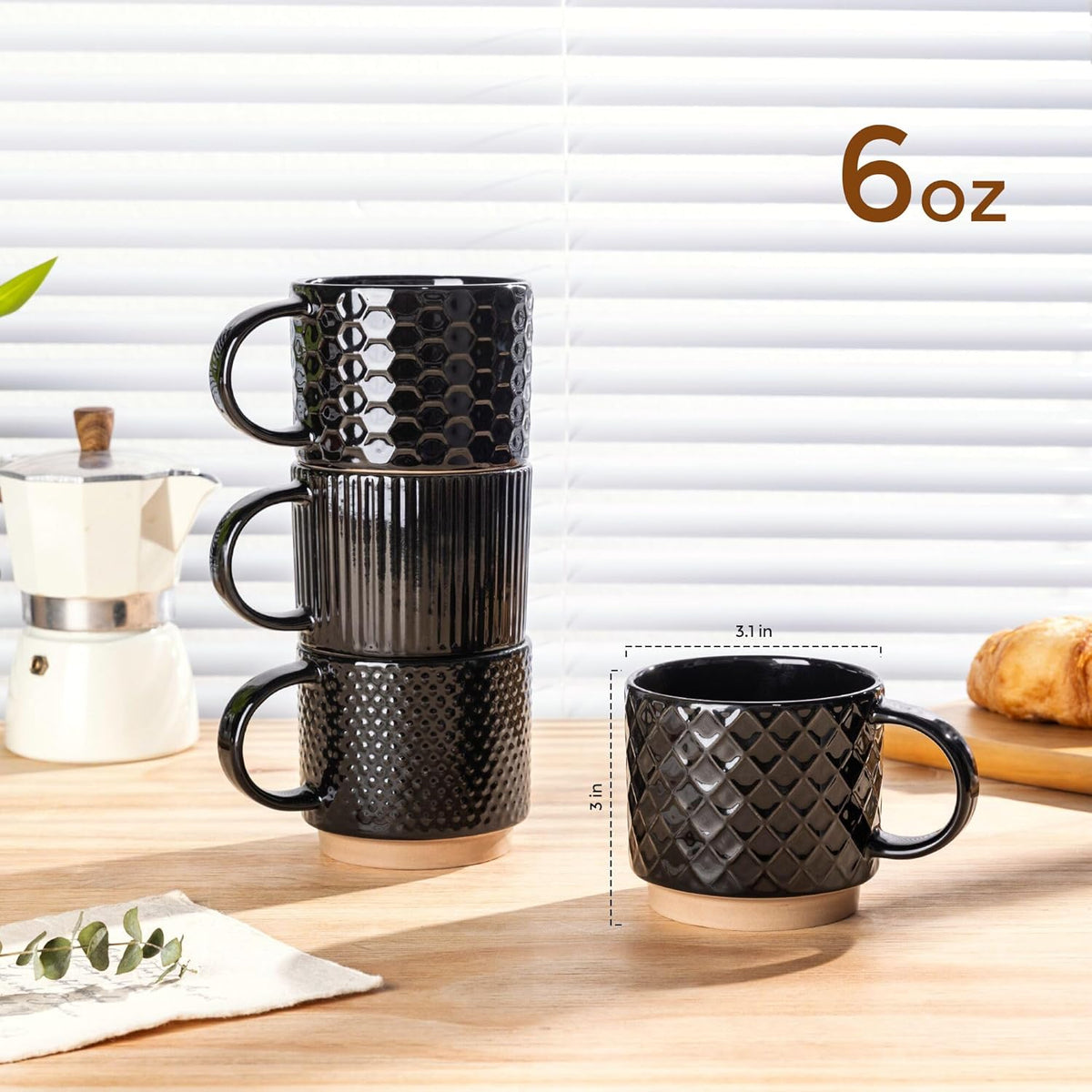 GBHOME 6OZ Stackable Coffee Mugs, Ceramic Coffee Mugs with Texture Patterns for Man,Woman,Dad,Mom, Modern Coffee Cups Set of 4 for Espresso/Cappuccino/Cocoa. Dishwasher&Microwave Safe, Black