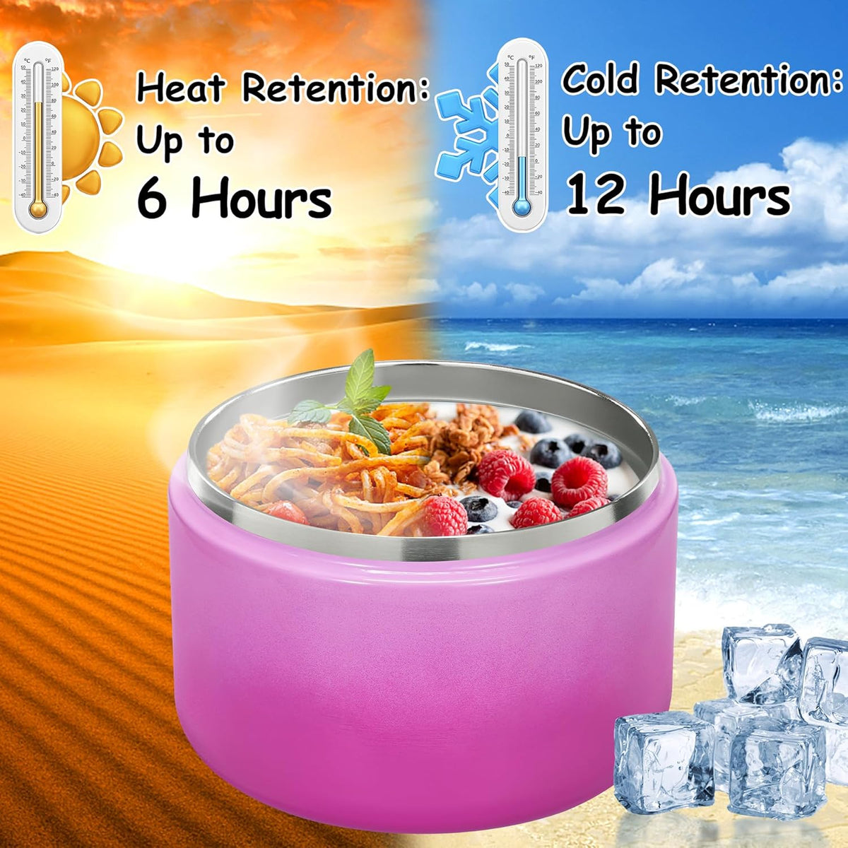 12oz Insulated Vacuum Food Jar with Buckle Lid Wide Mouth Soup Thermo for Hot Food Kids Leakproof Stainless Steel Lunch Container (Gradient Purple, 12OZ)