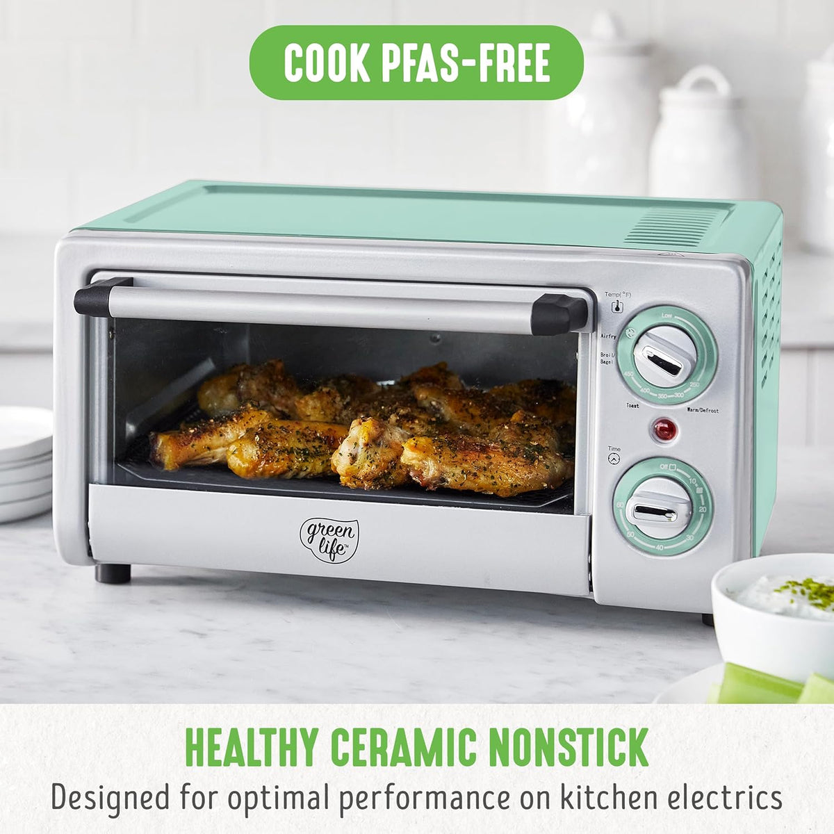 GreenLife Countertop Toaster Oven Air Fryer Stainless Steel, Healthy Ceramic Nonstick, PFAS and PFOA-Free, Tray & Basket, Bake, Broil, Reheat, Adjustable Temp & Time Control, Auto Shutoff, Turquoise