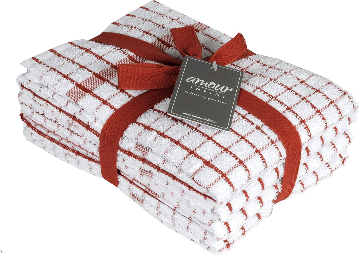 AMOUR INFINI Kitchen Towels Set of 4 - Highly Absorbent, Super Soft Terry Cotton 20x28 Inch Dish Towels with Hanging Loop - Hand & Tea Towels for Cleaning & Drying Dishes (Rust)