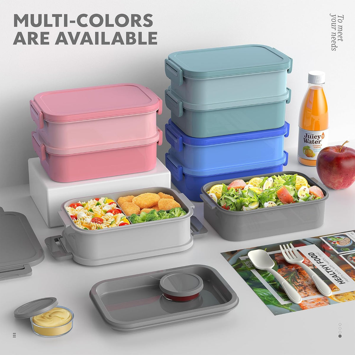 Jelife Adult Bento Box Lunch Box - 3 Layers Stackable Bento Lunch Box for Adults, 72oz Large-Style All-in-One Bento Boxes Leak-Proof Lunchbox with Utensil Sauce Containers for Dining Out,Work, Grey