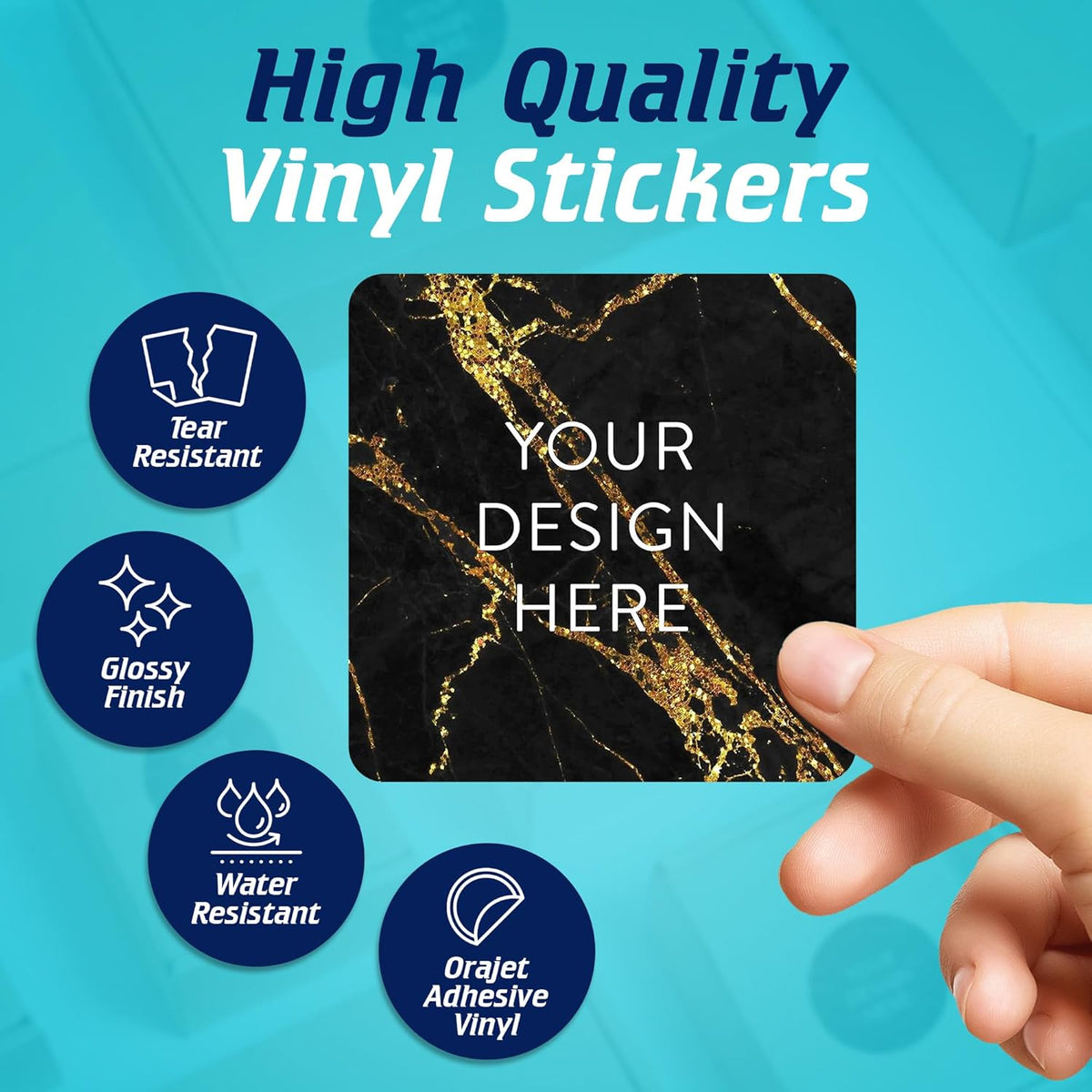 100 Custom Vinyl Stickers - Upload Your own Image, Text, Design, Logo - Personalized Logo Labels for Handmade, Packaging, Bottle, Jars, Candle, Brand Stickers (Black Gold Marble, 4x4 Square)