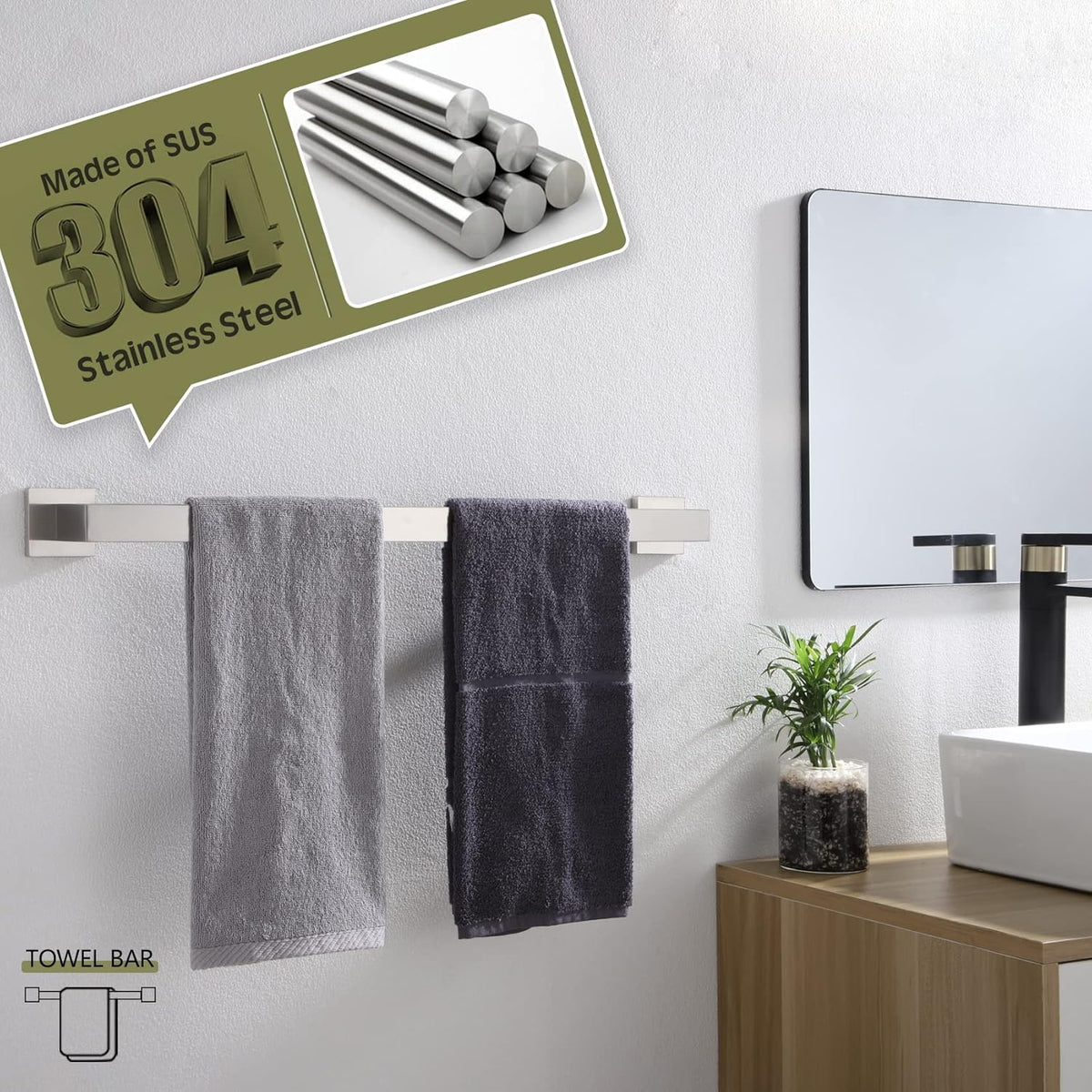 KOKOSIRI 20-Inch Single Towel Bar, Bathroom Kitchen Towel Holder, Wall Mounted T-304 Stainless Steel Towel Rack 2 Pack, Brushed Nickel, B4003BR-L20-P2