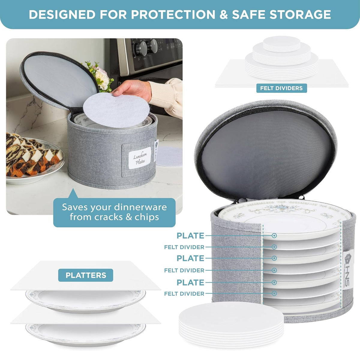 Hard Shell China Storage Containers 8-Piece Set Moving Boxes for Dinnerware, Glasses, Plates, Mugs and Saucers Sturdy Dish Organizer with Dividers for Seasonal Storage - Service for 12 - Gray