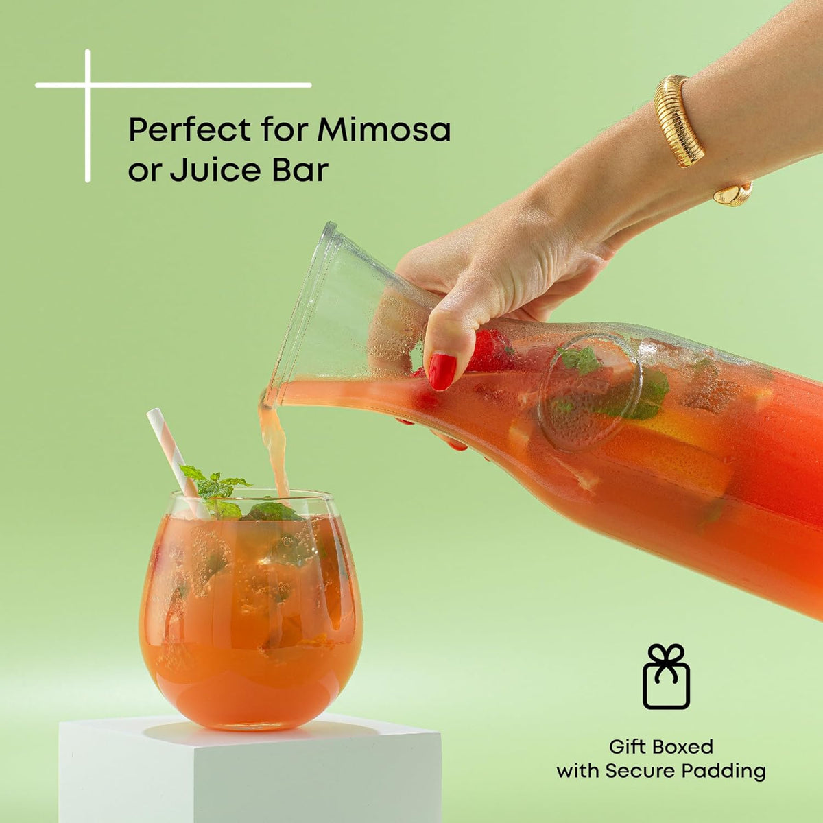 JoyJolt Glass Carafe with Lid, Set of 4 – 1 Liter Glass Pitcher for Mimosa Bar, Water, Iced Tea, Juice, Wine, Lemonade, Milk – Dishwasher Safe Beverage Drink Dispensers for Brunch, Parties