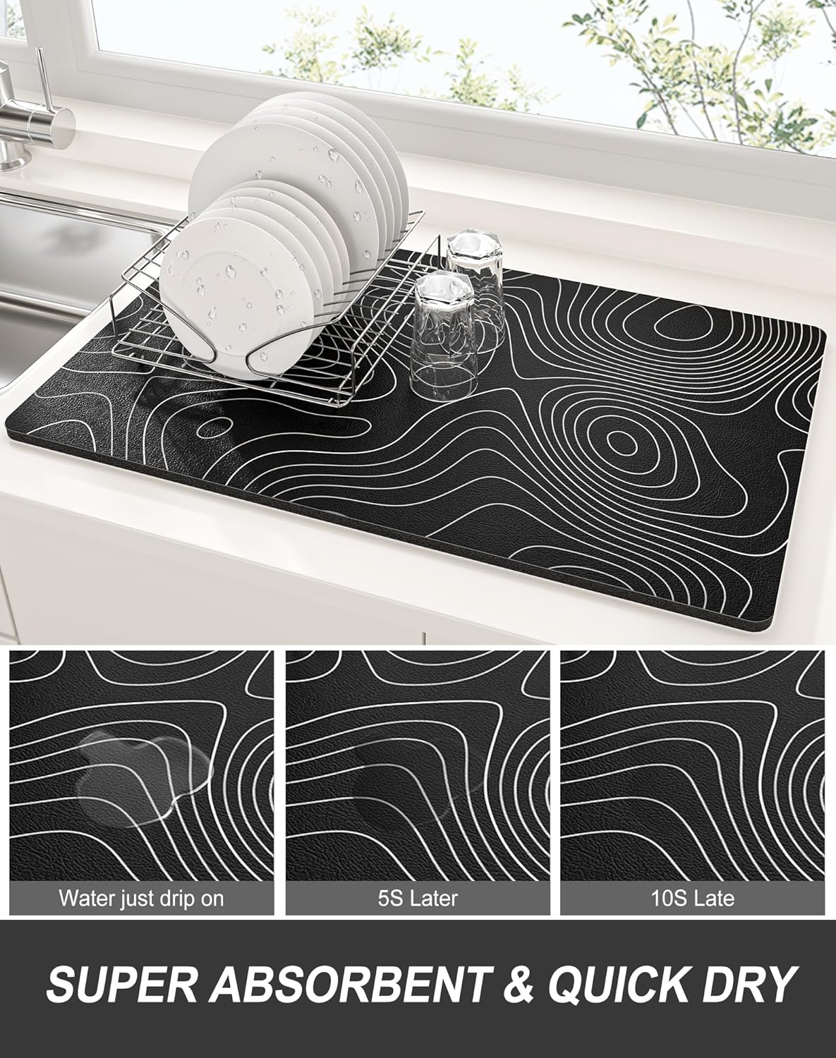 Rnivvi Dish Drying Mat for Kitchen Counter, XL 15 x 24" Cute Marble Super Absorbent Draining Pad, Non-Slip Heat Resistant Coffee Bar Mats for Coffee Machine Station Accessories, Line Art Dish Rack Pad