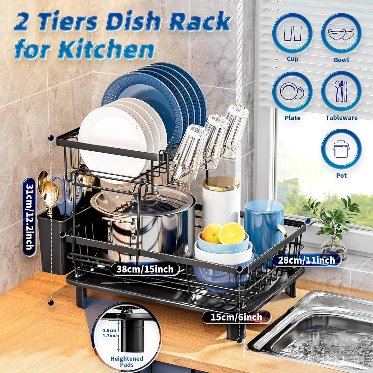2 Tiers Dish Drying Rack, Space-Saving Dish Racks for Kitchen Counter, Dish Drainer Drying Rack with Drainboard, Utensil Holder Cups Holder Plate Rack and Automatic Drainage Drainboard, Black